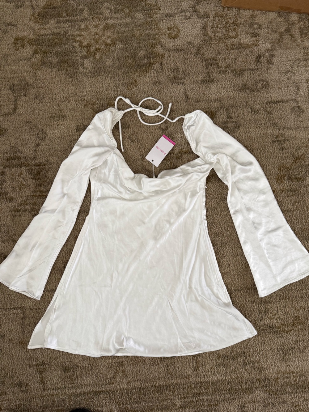 Beginning Boutique White Satin Mini Dress with Puff Sleeves